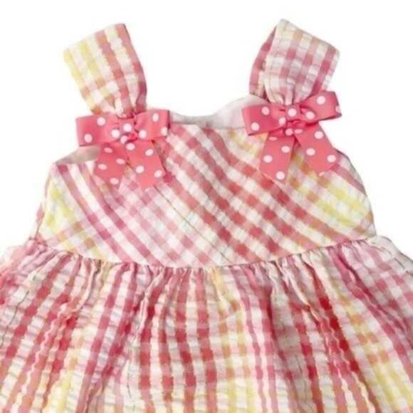 Ashley Ann 3T Dress gingham polka dots bows shiny stripes 3 button back Opening - Picture 3 of 7